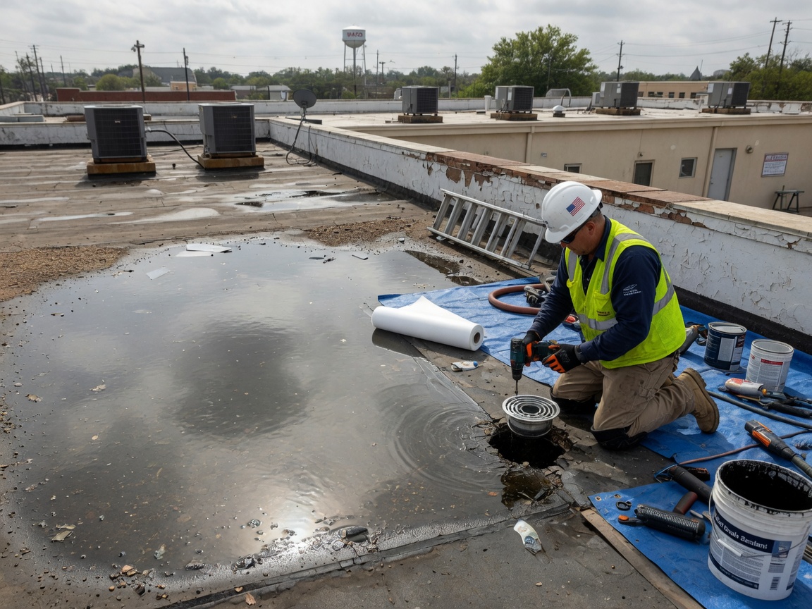 Flat Roof Ponding Water & Drainage Repair in Waco